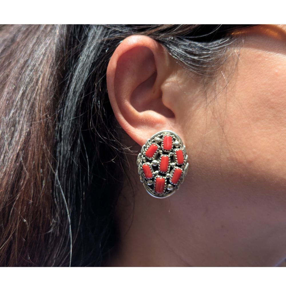 Native American Jewelry Navajo‎ Coral Stones Cluster Stud Earrings Handmade **